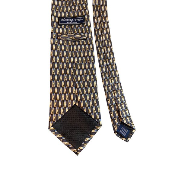 Meeting Street Mens Silk Neck Tie Black Gold Geometric Handmade Work Dad Gift - Picture 4 of 6